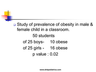  Study of prevalence of obesity in male &
female child in a classroom.
50 students
of 25 boys- 10 obese
of 25 girls - 16 obese
p value : 0.02
www.dnbpediatrics.com
 