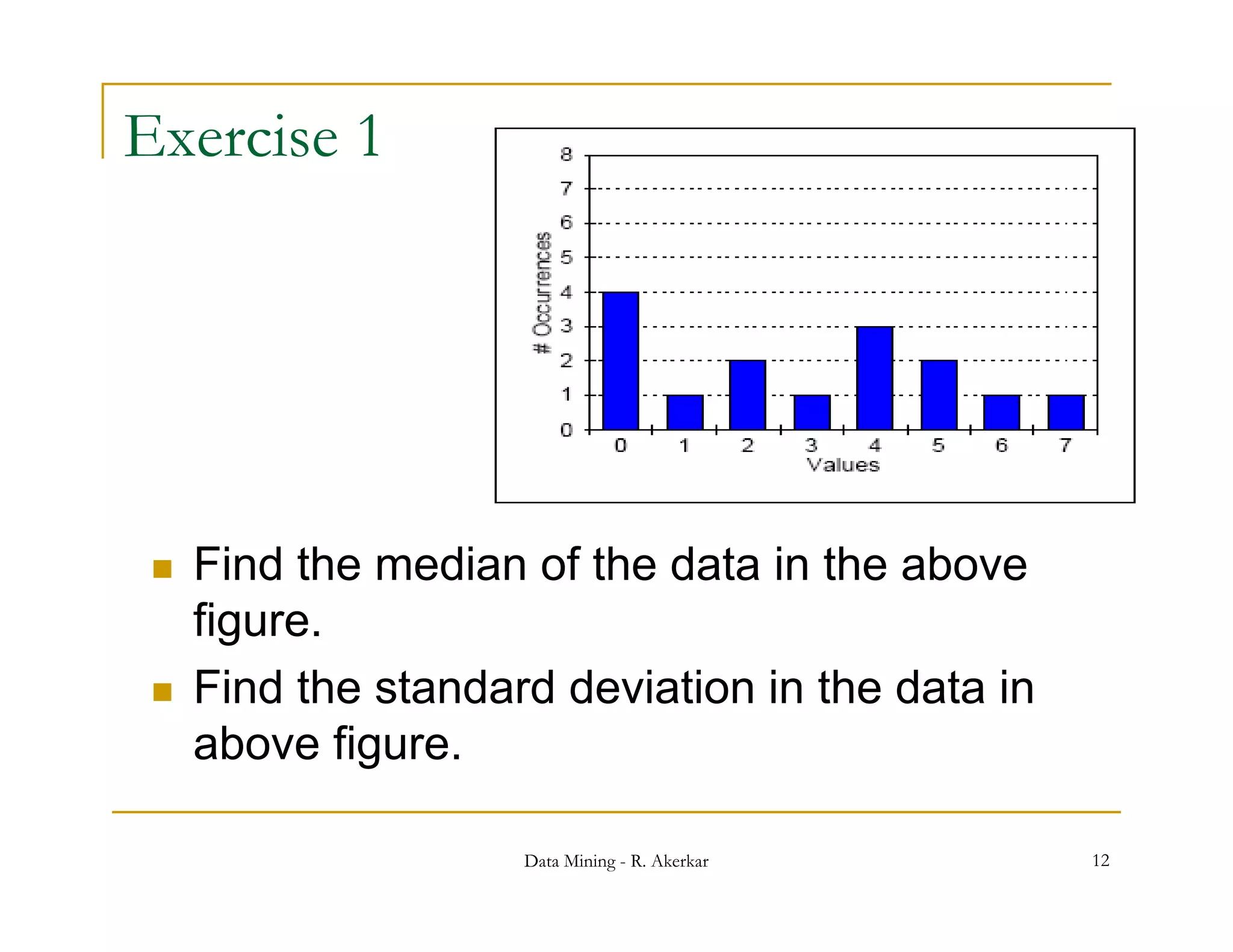 Exercise 1




    Find the median of the data in the above
     figure.
    Find the standard deviation in the data in
     above figure.

                     Data Mining - R. Akerkar     12
 