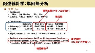 ? ޥ`
? Residuals:
? Min 1Q Median 3Q Max
? -1868.1 -429.0 -119.3 43.1 3407.2
? Coefficients:
? Estimate Std. Error t value Pr(>|t|)
? (Intercept) -1279.2285 1348.7048 -0.948 0.3633
? length 0.7554 0.2768 2.729 0.0196 *
? ---
? Signif. codes: 0 *** 0.001 ** 0.01 * 0.05 . 0.1   1
? Residual standard error: 1416 on 11 degrees of freedom
? Multiple R-squared: 0.4036, Adjusted R-squared: 0.3494
? F-statistic: 7.446 on 1 and 11 DF, p-value: 0.01963
37
ӛyӋѧg؎
˜`(С)
QS
(1˽)
vS
ʶ
 