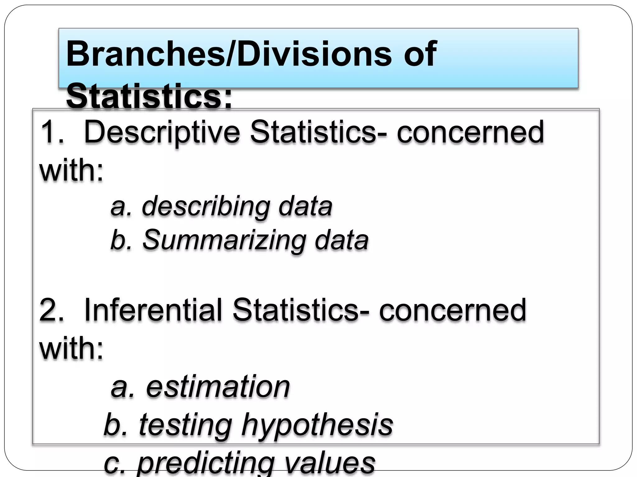 Branches/Divisions of
Statistics:
1. Descriptive Statistics- concerned
with:
a. describing data
b. Summarizing data
2. Inferential Statistics- concerned
with:
a. estimation
b. testing hypothesis
c. predicting values
 