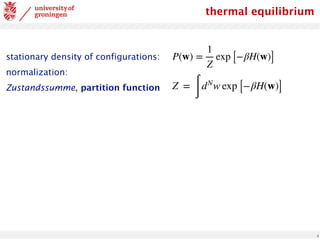 thermal equilibrium
stationary density of configurations:
normalization:
Zustandssumme, partition function
4
P(w) =
1
Z
exp [−βH(w)]
Z =
∫
dN
w exp [−βH(w)]
 