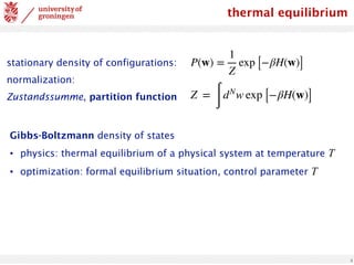 thermal equilibrium
stationary density of configurations:
normalization:
Zustandssumme, partition function
Gibbs-Boltzmann density of states
• physics: thermal equilibrium of a physical system at temperature T
• optimization: formal equilibrium situation, control parameter T
4
P(w) =
1
Z
exp [−βH(w)]
Z =
∫
dN
w exp [−βH(w)]
 