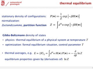 thermal equilibrium
stationary density of configurations:
normalization:
Zustandssumme, partition function
Gibbs-Boltzmann density of states
• physics: thermal equilibrium of a physical system at temperature T
• optimization: formal equilibrium situation, control parameter T
4
P(w) =
1
Z
exp [−βH(w)]
• thermal averages, e.g.
equilibrium properties given by (derivatives of) ln Z
E = ⟨H⟩T
=
∫
dN
w H(w) P(w) = −
∂
∂β
ln Z
Z =
∫
dN
w exp [−βH(w)]
 