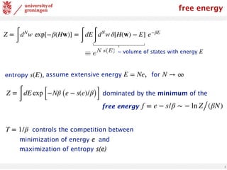 5
~ volume of states with energy E
Z =
∫
dN
w exp[−β(Hw)] =
∫
dE
∫
dN
w δ[H(w) − E] e−βE
assume extensive energy , for
E = Ne N → ∞
Z =
∫
dE exp [−Nβ (e − s(e)/β)]
entropy ,
s(E)
f = e − s/β ∼ − ln Z/(βN)
dominated by the minimum of the
free energy
free energy
controls the competition between
minimization of energy e and
maximization of entropy s(e)
T = 1/β
 