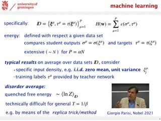 6
machine learning
ID = {ξμ
, τμ
= τ(ξμ
)}
P
μ=1
H(w) =
P
∑
μ=1
ϵ(σμ
, τμ
)
typical results on average over data sets ID
•specific input density, e.g. i.i.d. zero mean, unit variance ξμ
j
•training labels provided by teacher network
τμ
, consider
disorder average:
quenched free energy ∼ ⟨ln Z⟩ID
technically difficult for general T = 1/β
specifically:
e.g. by means of the replica trick/method Giorgio Parisi, Nobel 2021
extensive ( ) for
∼ N P = αN
compares student outputs σμ
= σ(ξμ
) and targets τμ
= τ(ξμ
)
energy: defined with respect a given data set
 
