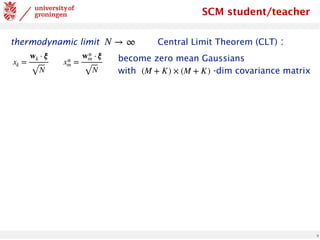 9
SCM student/teacher
thermodynamic limit Central Limit Theorem (CLT) :
N → ∞
xk =
wk ⋅ ξ
N
x*
m =
w*
m ⋅ ξ
N
become zero mean Gaussians
with -dim covariance matrix
(M + K) × (M + K)
 