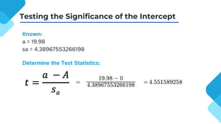 Known:
a = 19.98
sa = 4.38967553266198
Determine the Test Statistics:
Testing the Significance of the Intercept
 