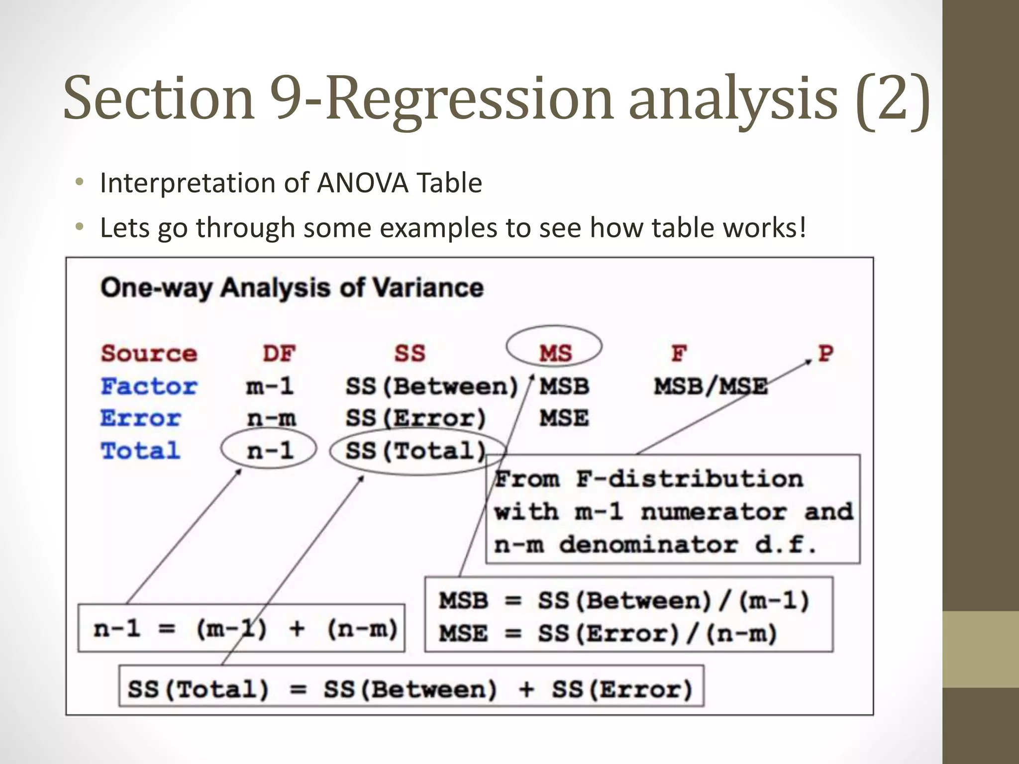Section 9-Regression analysis (2)
• Interpretation of ANOVA Table
• Lets go through some examples to see how table works!
 