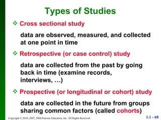 Cross sectional study data are observed, measured, and collected at one point in time Retrospective (or case control) study data are collected from the past by going back in time (examine records, interviews, …) Prospective (or longitudinal or cohort) study data are collected in the future from groups sharing common factors (called  cohorts ) Types of Studies 
