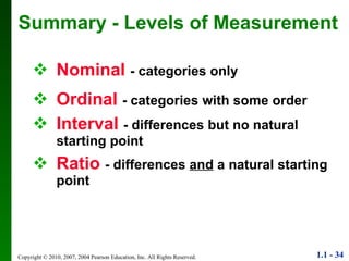 Nominal   - categories only Ordinal   - categories with some order Interval   - differences but no natural starting point Ratio   - differences  and  a natural starting point Summary - Levels of Measurement 