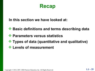 Recap Basic definitions and terms describing data Parameters versus statistics Types of data (quantitative and qualitative) Levels of measurement In this section we have looked at: 