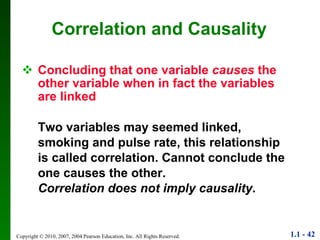 Correlation and Causality Concluding that one variable  causes  the other variable when in fact the variables are linked Two variables may seemed linked, smoking and pulse rate, this relationship is called correlation. Cannot conclude the one causes the other. Correlation does not imply causality . 