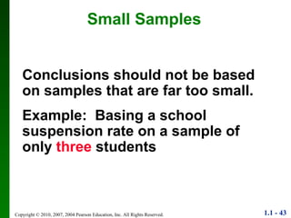 Small Samples Conclusions should not be based on samples that are far too small.  Example:  Basing a school suspension rate on a sample of only  three  students 