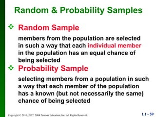 Random Sample   members from the population are selected in such a way that each  individual member  in the population has an equal chance of being selected Random & Probability Samples Probability Sample selecting members from a population in such a way that each   member of the population has a known (but not necessarily the same) chance of being selected 