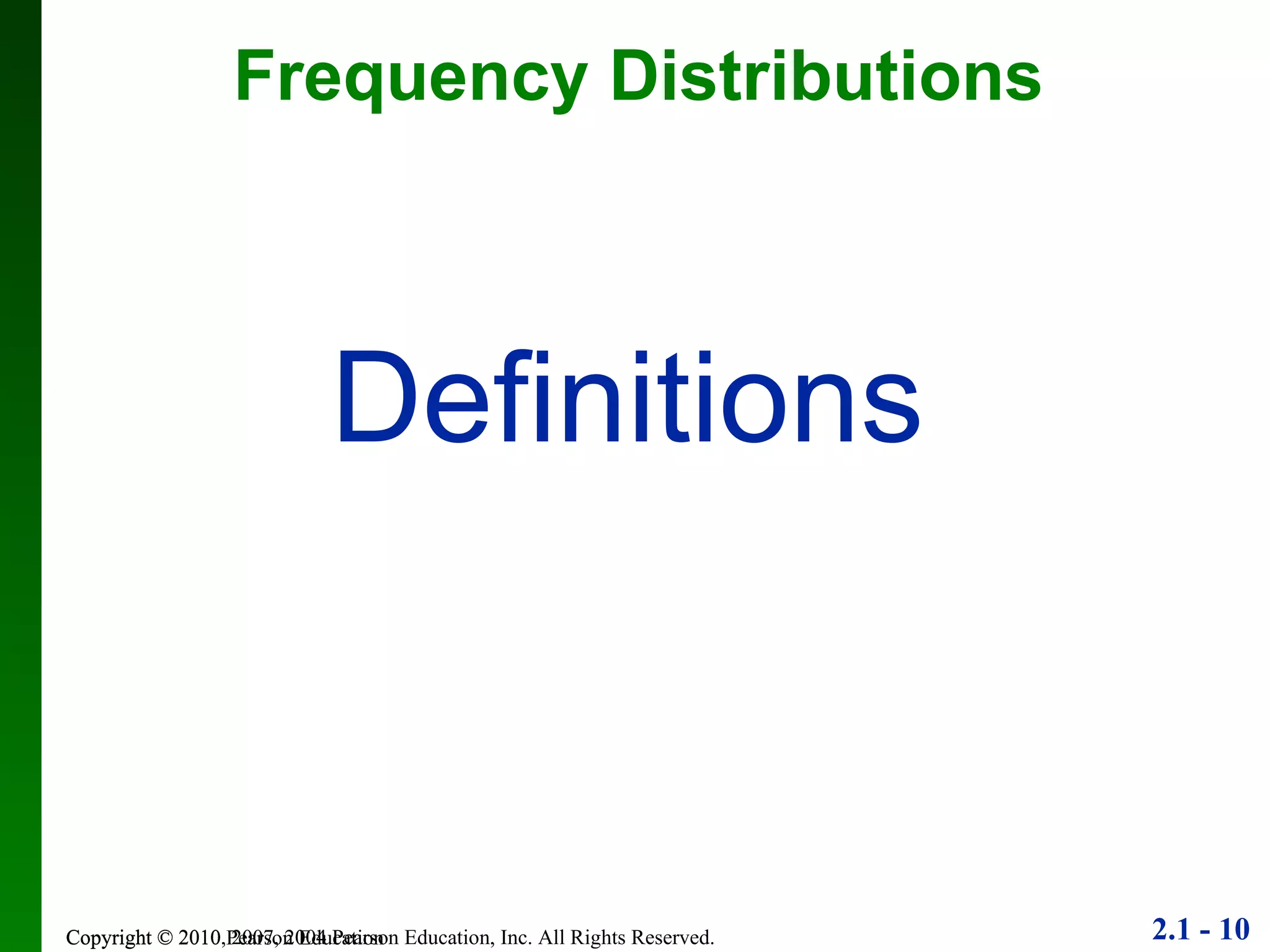 Frequency Distributions Copyright © 2010 Pearson Education Definitions 