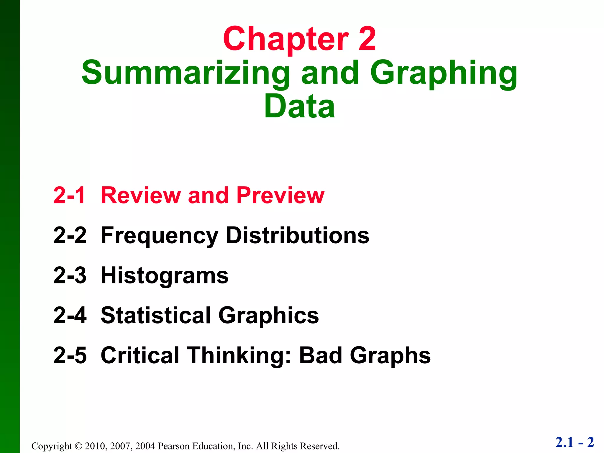 Chapter 2 Summarizing and Graphing Data 2-1  Review and Preview 2-2  Frequency Distributions 2-3  Histograms 2-4  Statistical Graphics 2-5  Critical Thinking: Bad Graphs 
