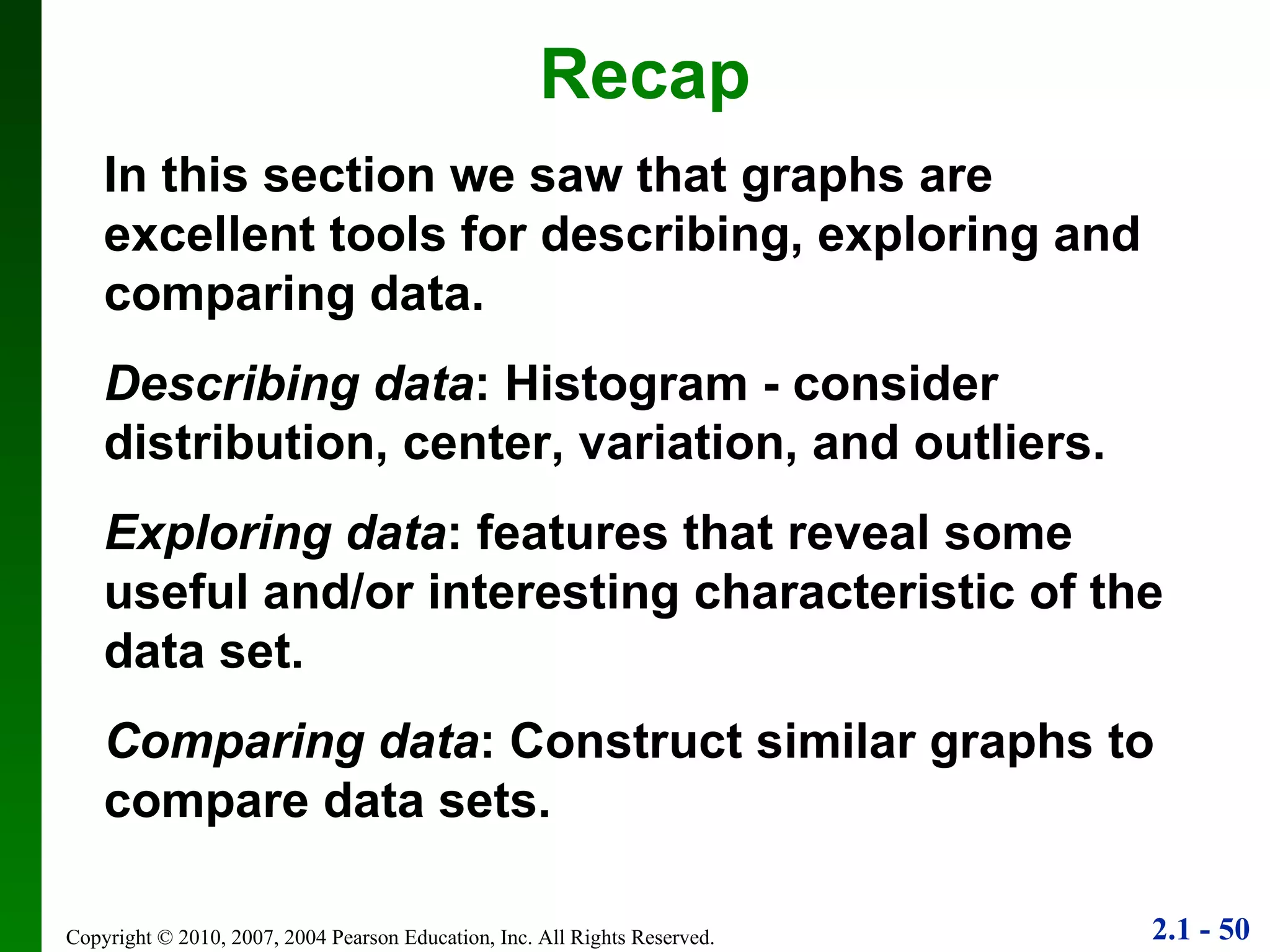 Recap In this section we saw that graphs are excellent tools for describing, exploring and comparing data. Describing data : Histogram - consider distribution, center, variation, and outliers. Exploring data : features that reveal some useful and/or interesting characteristic of the data set. Comparing data : Construct similar graphs to compare data sets. 