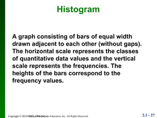 Copyright © 2010 Pearson Education Histogram A graph consisting of bars of equal width drawn adjacent to each other (without gaps). The horizontal scale represents the classes of quantitative data values and the vertical scale represents the frequencies. The heights of the bars correspond to the frequency values. 