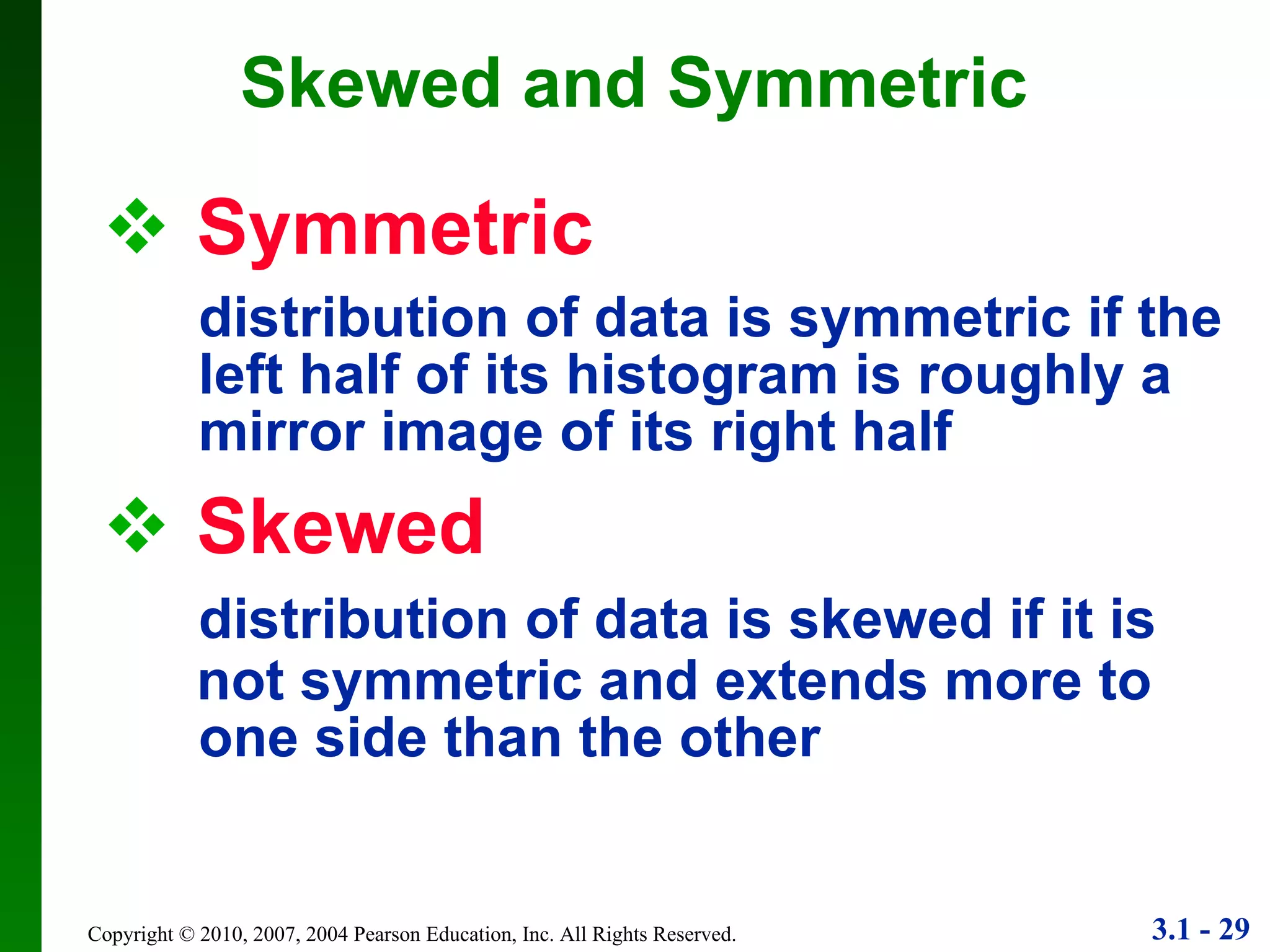 Symmetric distribution of data is symmetric if the  left half of its histogram is roughly a  mirror image of its right half Skewed distribution of data is skewed if it is not symmetric and extends more to  one side than the other Skewed and Symmetric 