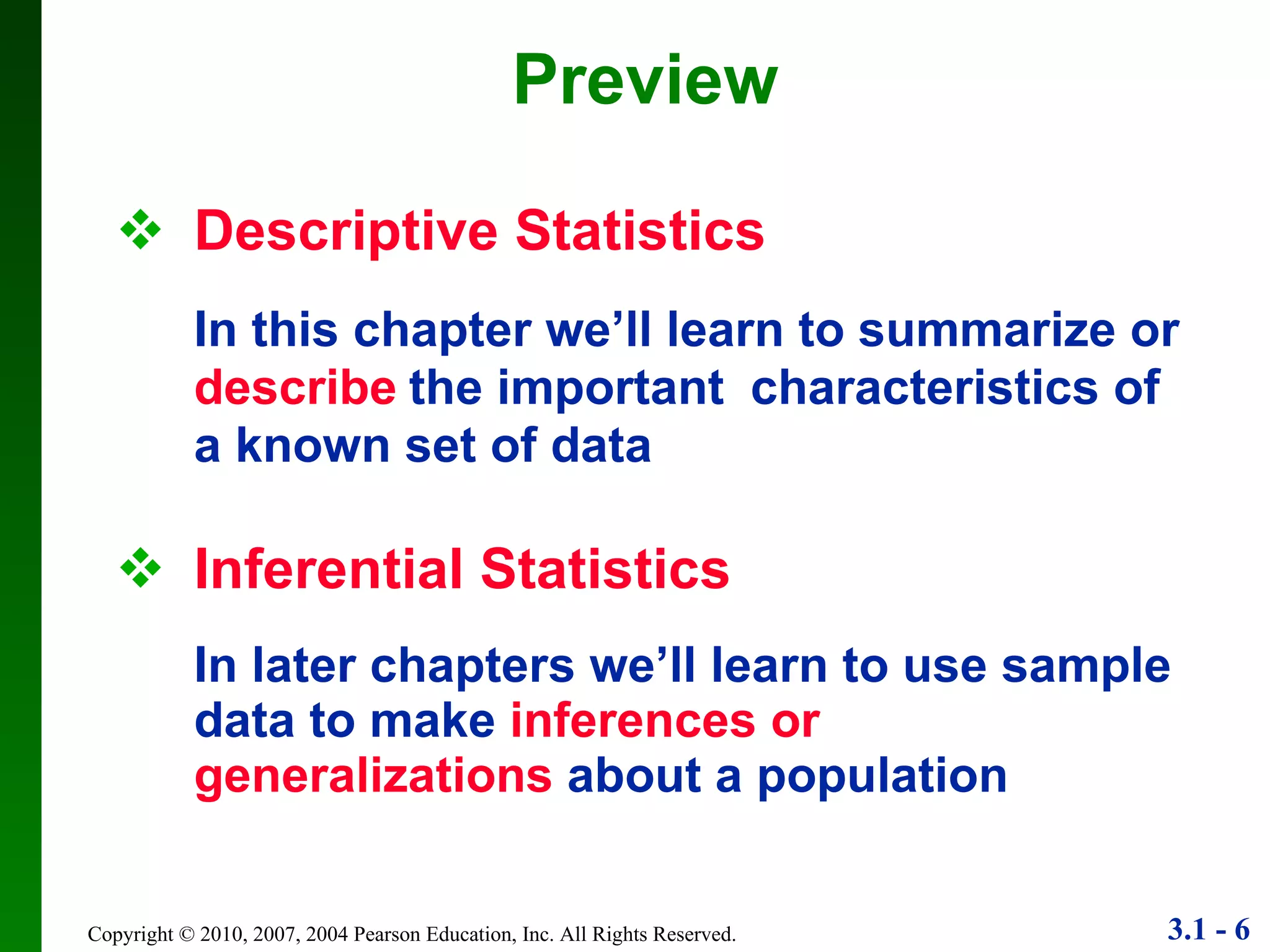 Descriptive Statistics  In this chapter we’ll learn to   summarize or  describe   the important  characteristics of a known set of data   Inferential Statistics   In later chapters we’ll learn to   use sample data to make   inferences or generalizations   about a population Preview 