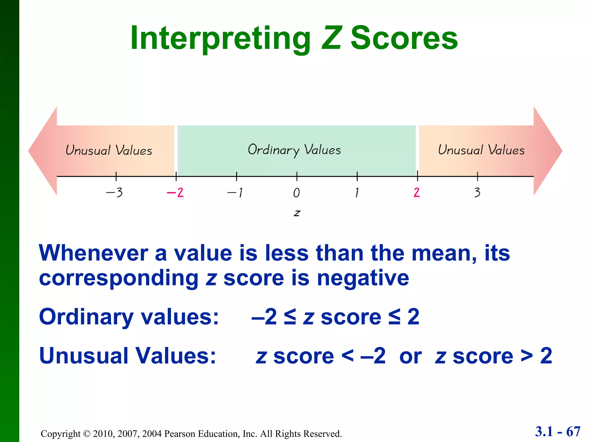 Interpreting  Z  Scores Whenever a value is less than the mean, its corresponding  z  score is negative Ordinary values:  –2 ≤  z  score ≤ 2 Unusual Values:  z  score < –2  or  z  score > 2 