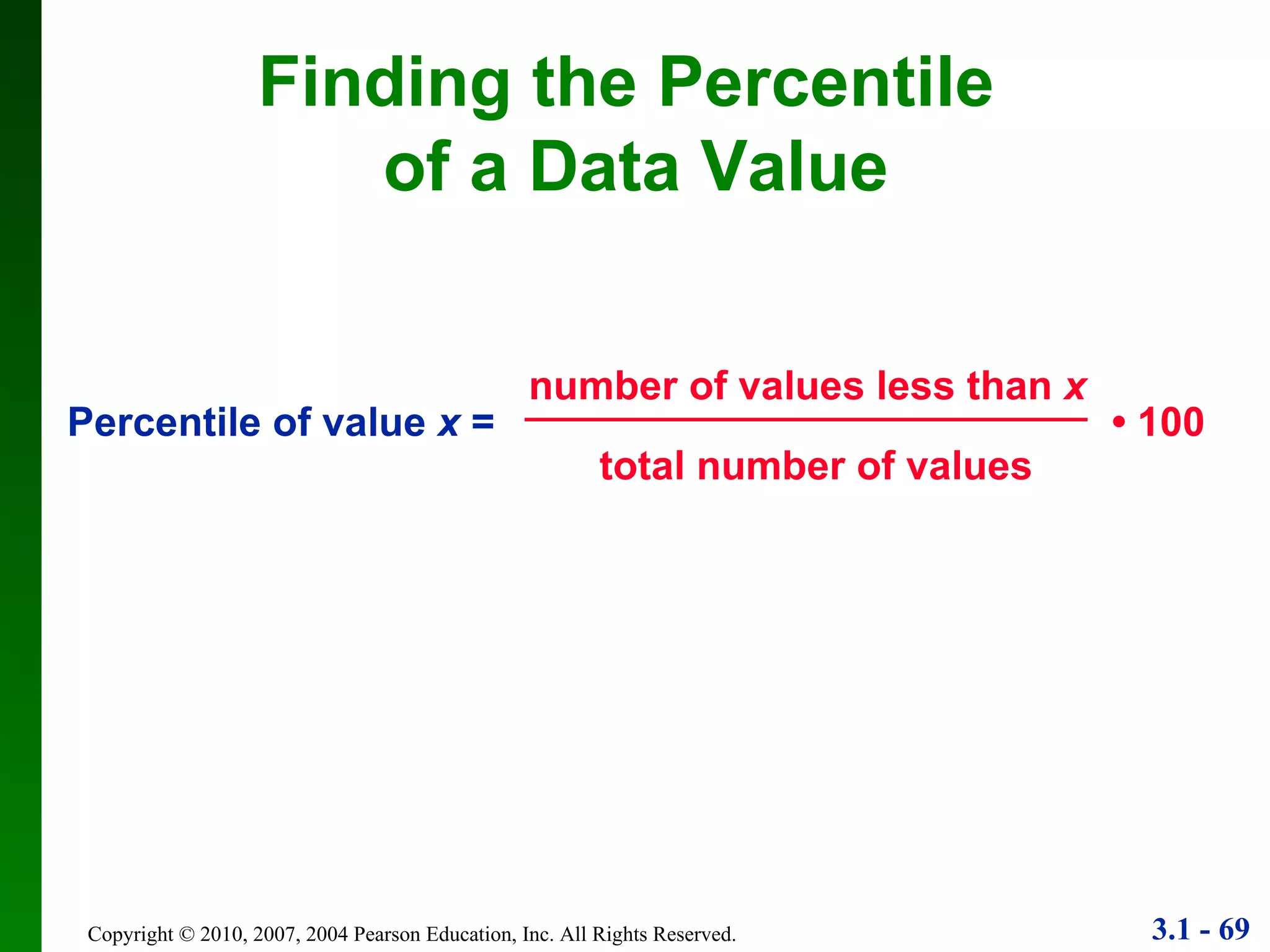 Finding the Percentile  of a Data Value Percentile of value  x  =   •   100 number of values less than  x total number of values 