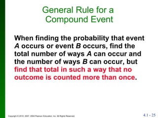 When finding the probability that event  A  occurs or event  B  occurs, find the total number of ways  A  can occur and the number of ways  B  can occur, but  find that total in such a way that no outcome is counted more than once . General Rule for a  Compound Event 