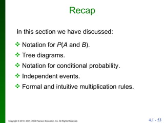 Recap In this section we have discussed: Notation for  P ( A  and  B ). Notation for conditional probability. Independent events. Formal and intuitive multiplication rules. Tree diagrams. 