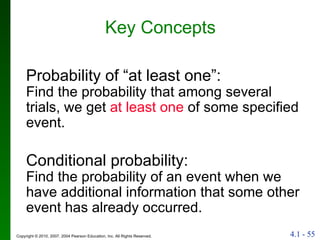 Key Concepts Probability of “at least one”: Find the probability that among several trials, we get  at least one  of some specified event. Conditional probability: Find the probability of an event when we have additional information that some other event has already occurred. 