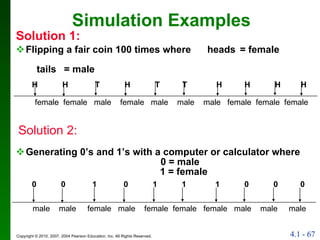 Simulation Examples Solution 1: Flipping a fair coin 100 times where  heads = female  and         tails  = male H  H  T  H  T  T  H  H  H  H Generating 0’s and 1’s with a computer or calculator where       0 = male   1 = female 0  0  1  0  1  1  1  0  0  0  Solution 2: male  male  female  male  female  female  female  male  male  male female  female  male  female  male  male  male  female  female  female 