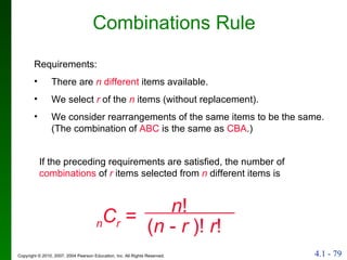 Combinations Rule If the preceding requirements are satisfied, the number of  combinations  of  r  items selected from  n  different items is Requirements: There are  n  different  items available.  We select  r  of the  n  items (without replacement). We consider rearrangements of the same items to be the same. (The combination of  ABC  is the same as  CBA .) ( n  -  r   )!  r ! n ! n C r   = 
