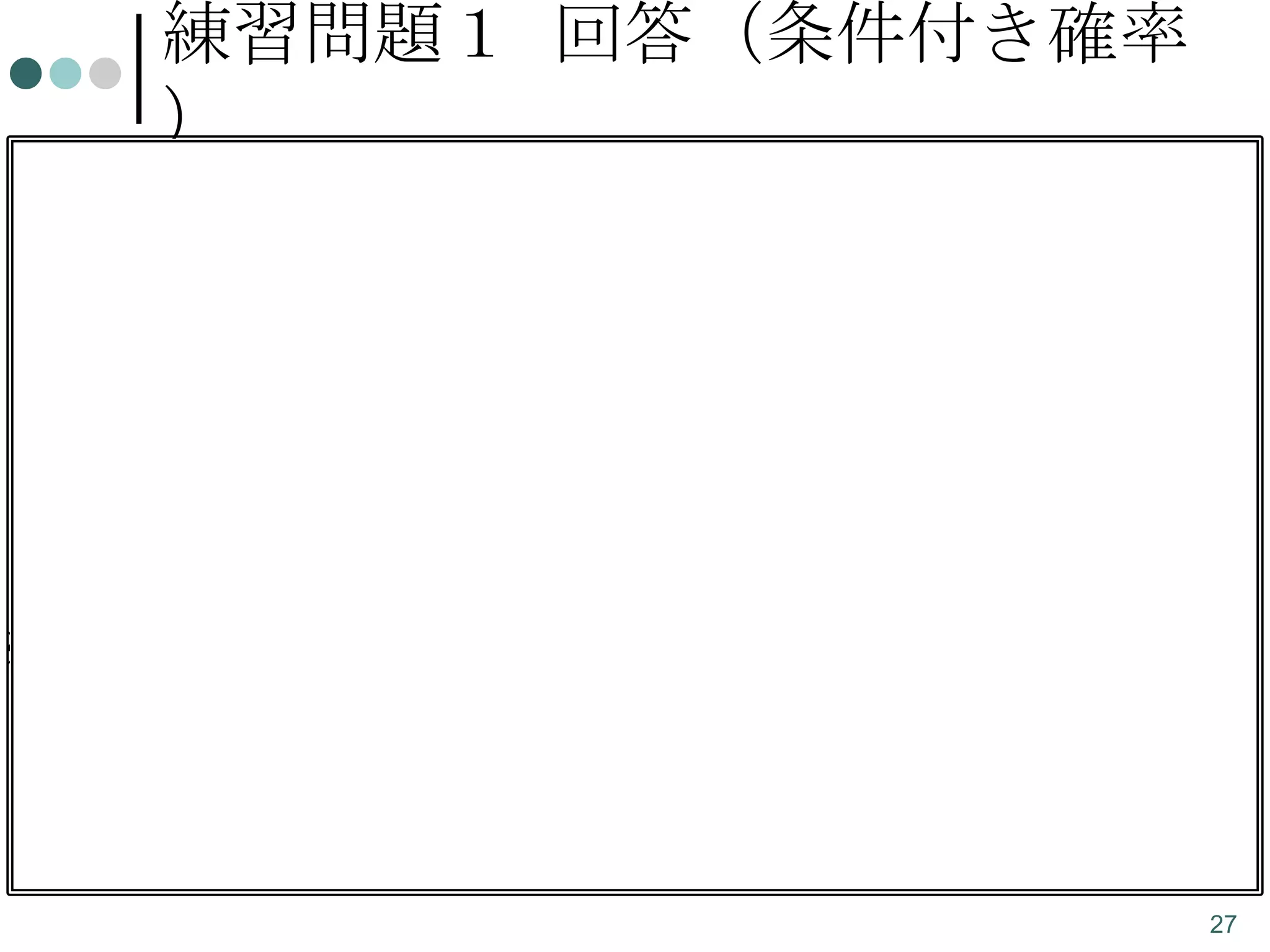 練習問題１ 回答（条件付き確率
）


大当たりが出た時の
分布は P(x|y) なので
P(y)で割る。



大当たりが出た時に 大 出 0.1／0.2 0.1／0.2
= 0.5
設定が甘い確率は
る = 0.５
当
0.5になる。

※ 設定xをパラメータと
すると、これは観測
変数yからパラメータ
を推定することの一
例。

設定x
P(y)
甘い 厳しい

た
出
り
な
y
い
P(x)

0.2／0.8 0.6／0.8
= 0.25
= 0.75
0.3

0.2

0.8

0.7
27

 