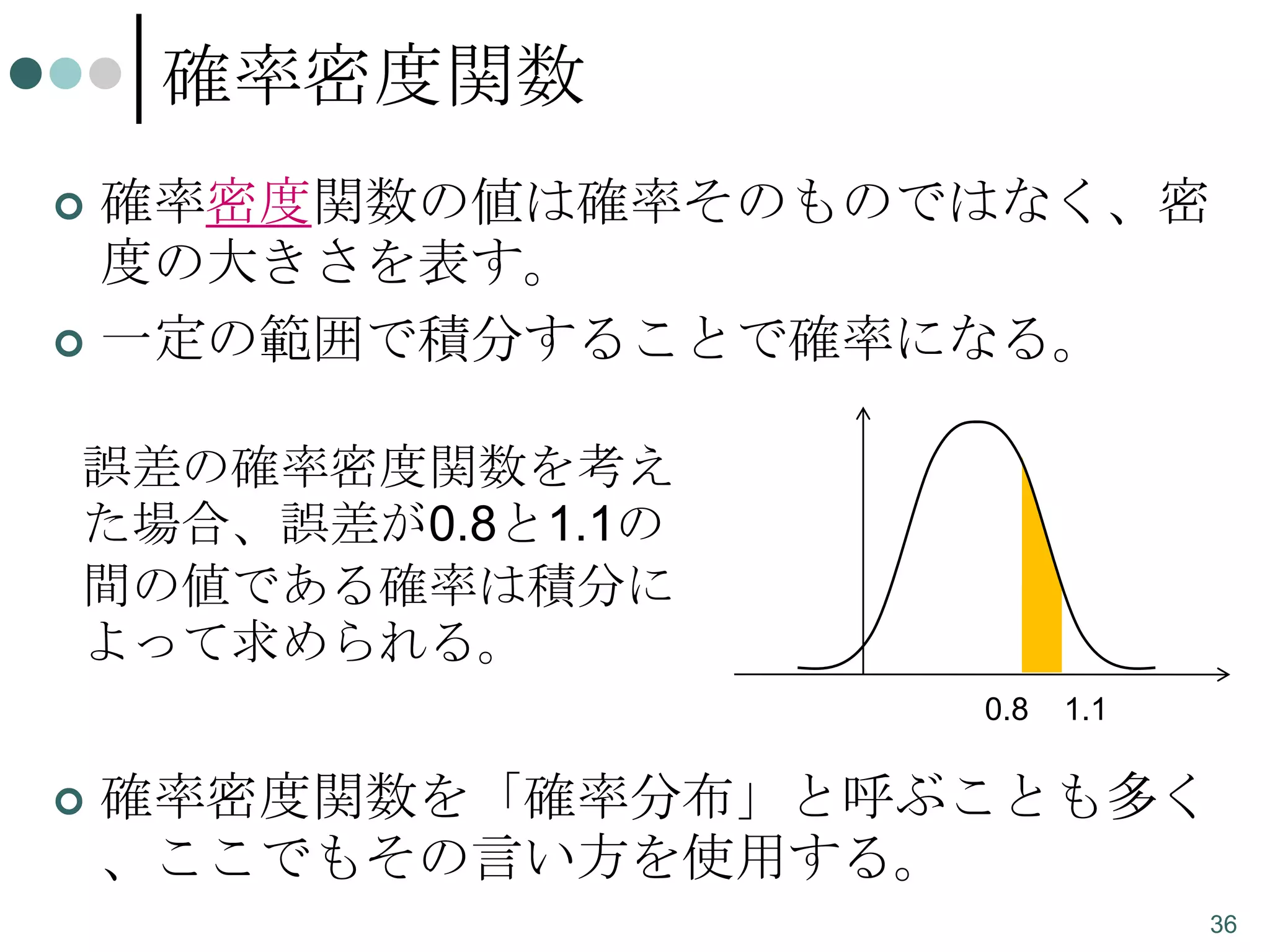 確率密度関数
確率密度関数の値は確率そのものではなく、密
度の大きさを表す。
 一定の範囲で積分することで確率になる。


誤差の確率密度関数を考え
た場合、誤差が0.8と1.1の
間の値である確率は積分に
よって求められる。
0.8



1.1

確率密度関数を「確率分布」と呼ぶことも多く
、ここでもその言い方を使用する。
36

 