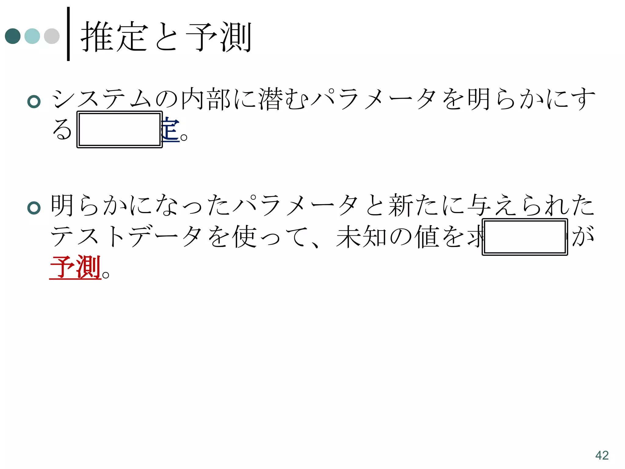 推定と予測


システムの内部に潜むパラメータを明らかにす
るのが推定。



明らかになったパラメータと新たに与えられた
テストデータを使って、未知の値を求めるのが
予測。

42

 