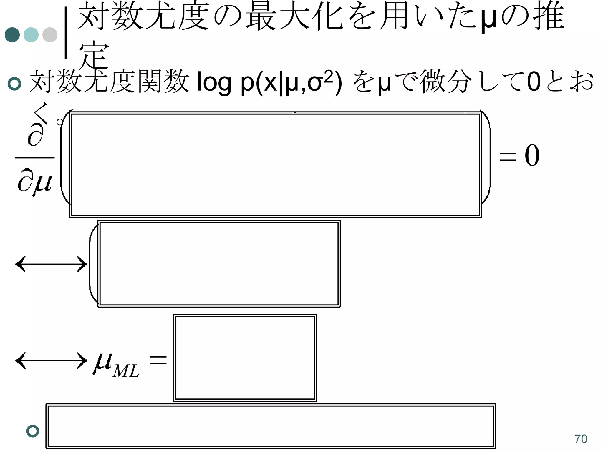 

対数尤度の最大化を用いたμの推
定
2

対数尤度関数 log p(x|μ,σ ) をμで微分して0とお
く。
2

1
2

n log

n

i 1

xi
2

2

0

n

xi

n

0

i 1

ML


1
n

n

xi
i 1

観測値xiの平均がμの最尤推定量になる。

70

 