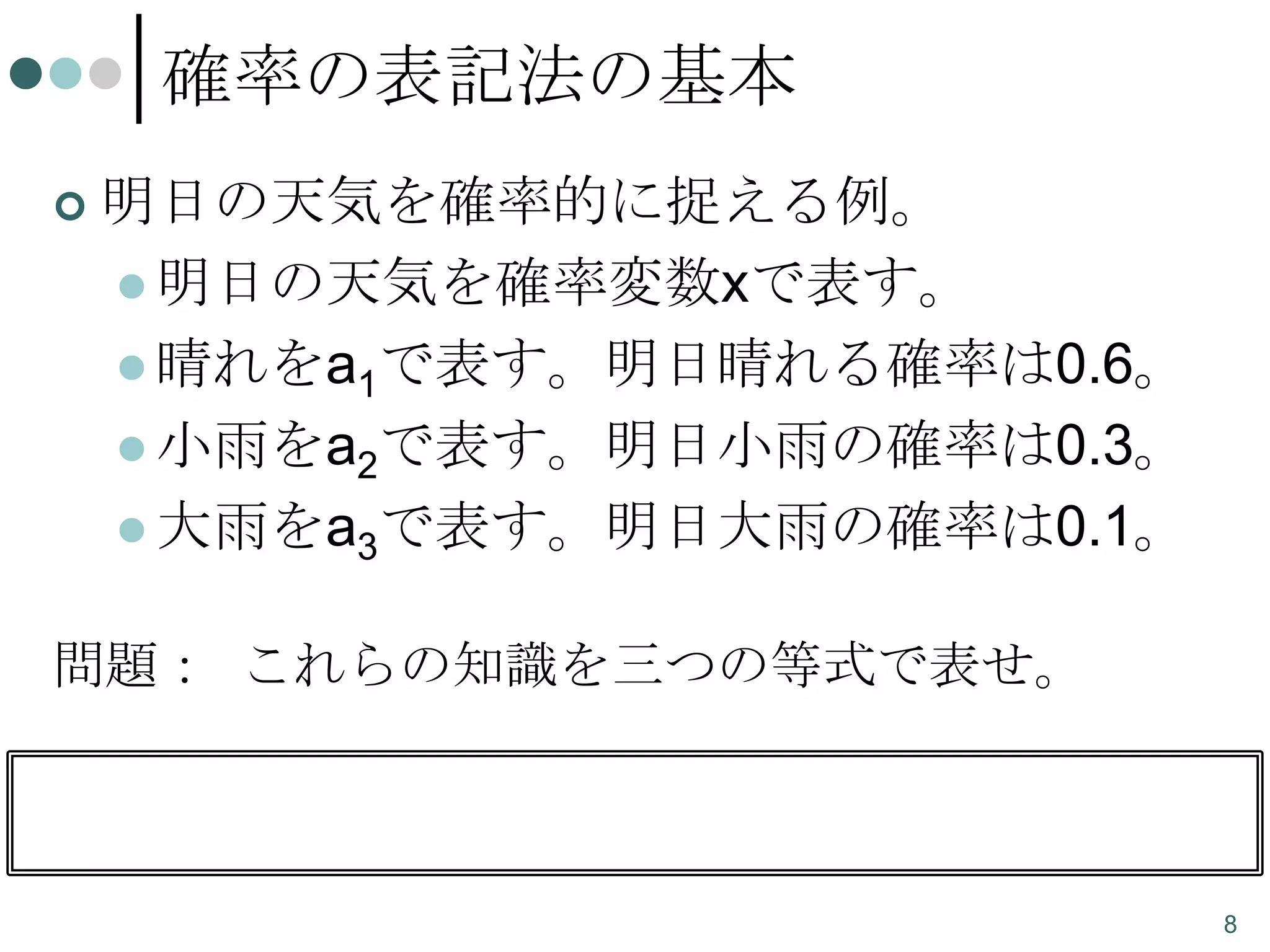 確率の表記法の基本


明日の天気を確率的に捉える例。
 明日の天気を確率変数xで表す。
 晴れをa1で表す。明日晴れる確率は0.6。
 小雨をa2で表す。明日小雨の確率は0.3。
 大雨をa3で表す。明日大雨の確率は0.1。

問題： これらの知識を三つの等式で表せ。

P( x

a1 )

0.6

P( x

a2 )

0.3

P( x

a3 )

0.1
8

 