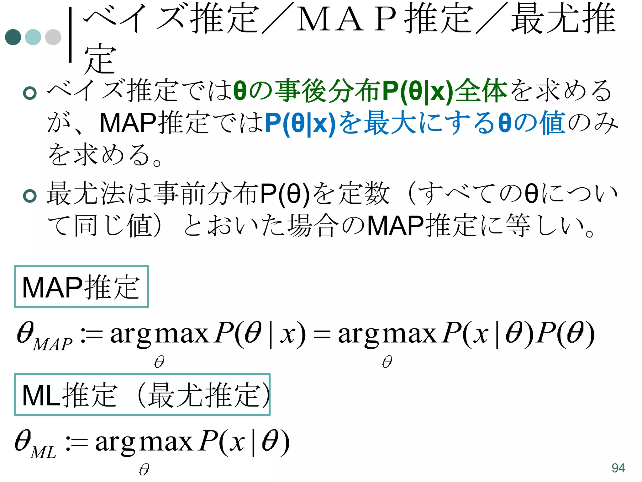 ベイズ推定／ＭＡＰ推定／最尤推
定

ベイズ推定ではθの事後分布P(θ|x)全体を求める
が、MAP推定ではP(θ|x)を最大にするθの値のみ
を求める。
 最尤法は事前分布P(θ)を定数（すべてのθについ
て同じ値）とおいた場合のMAP推定に等しい。


MAP推定
MAP

: arg max P( | x) arg max P( x | ) P( )

ML推定（最尤推定）
ML

: arg max P( x | )
94

 