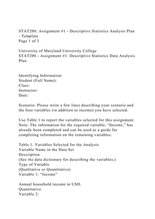 STAT200: Assignment #1 - Descriptive Statistics Analysis Plan
- Template
Page 1 of 3
University of Maryland University College
STAT200 - Assignment #1: Descriptive Statistics Data Analysis
Plan
Identifying Information
Student (Full Name):
Class:
Instructor:
Date:
Scenario: Please write a few lines describing your scenario and
the four variables (in addition to income) you have selected.
Use Table 1 to report the variables selected for this assignment.
Note: The information for the required variable, “Income,” has
already been completed and can be used as a guide for
completing information on the remaining variables.
Table 1. Variables Selected for the Analysis
Variable Name in the Data Set
Description
(See the data dictionary for describing the variables.)
Type of Variable
(Qualitative or Quantitative)
Variable 1: “Income”
Annual household income in USD.
Quantitative
Variable 2:
 