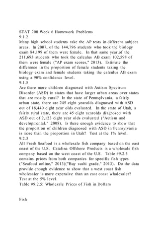 STAT 200 Week 6 Homework Problems
9.1.2
Many high school students take the AP tests in different subject
areas. In 2007, of the 144,796 students who took the biology
exam 84,199 of them were female. In that same year,of the
211,693 students who took the calculus AB exam 102,598 of
them were female ("AP exam scores," 2013). Estimate the
difference in the proportion of female students taking the
biology exam and female students taking the calculus AB exam
using a 90% confidence level.
9.1.5
Are there more children diagnosed with Autism Spectrum
Disorder (ASD) in states that have larger urban areas over states
that are mostly rural? In the state of Pennsylvania, a fairly
urban state, there are 245 eight yearolds diagnosed with ASD
out of 18,440 eight year olds evaluated. In the state of Utah, a
fairly rural state, there are 45 eight yearolds diagnosed with
ASD out of 2,123 eight year olds evaluated ("Autism and
developmental," 2008). Is there enough evidence to show that
the proportion of children diagnosed with ASD in Pennsylvania
is more than the proportion in Utah? Test at the 1% level.
9.2.3
All Fresh Seafood is a wholesale fish company based on the east
coast of the U.S. Catalina Offshore Products is a wholesale fish
company based on the west coast of the U.S. Table #9.2.5
contains prices from both companies for specific fish types
("Seafood online," 2013)("Buy sushi grade," 2013). Do the data
provide enough evidence to show that a west coast fish
wholesaler is more expensive than an east coast wholesaler?
Test at the 5% level.
Table #9.2.5: Wholesale Prices of Fish in Dollars
Fish
 