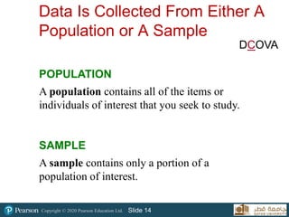 Copyright © 2020 Pearson Education Ltd. Slide 14
Data Is Collected From Either A
Population or A Sample
POPULATION
A population contains all of the items or
individuals of interest that you seek to study.
SAMPLE
A sample contains only a portion of a
population of interest.
DCOVA
 
