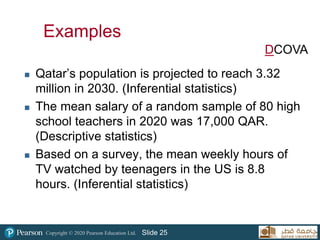 Copyright © 2020 Pearson Education Ltd. Slide 25
 Qatar’s population is projected to reach 3.32
million in 2030. (Inferential statistics)
 The mean salary of a random sample of 80 high
school teachers in 2020 was 17,000 QAR.
(Descriptive statistics)
 Based on a survey, the mean weekly hours of
TV watched by teenagers in the US is 8.8
hours. (Inferential statistics)
Examples
DCOVA
 