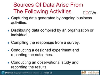 Copyright © 2020 Pearson Education Ltd. Slide 28
Sources Of Data Arise From
The Following Activities
 Capturing data generated by ongoing business
activities.
 Distributing data compiled by an organization or
individual.
 Compiling the responses from a survey.
 Conducting a designed experiment and
recording the outcomes.
 Conducting an observational study and
recording the results.
DCOVA
 