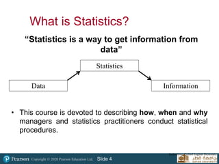 Copyright © 2020 Pearson Education Ltd. Slide 4
“Statistics is a way to get information from
data”
Data
Statistics
Information
Definitions: Oxford English Dictionary
• This course is devoted to describing how, when and why
managers and statistics practitioners conduct statistical
procedures.
What is Statistics?
 