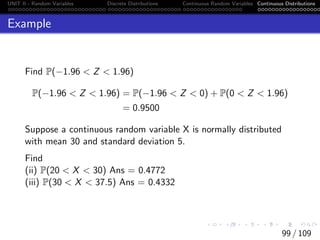 UNIT II - Random Variables Discrete Distributions Continuous Random Variables Continuous Distributions
Example
Find P(−1.96  Z  1.96)
P(−1.96  Z  1.96) = P(−1.96  Z  0) + P(0  Z  1.96)
= 0.9500
Suppose a continuous random variable X is normally distributed
with mean 30 and standard deviation 5.
Find
(ii) P(20  X  30) Ans = 0.4772
(iii) P(30  X  37.5) Ans = 0.4332
99 / 109
 
