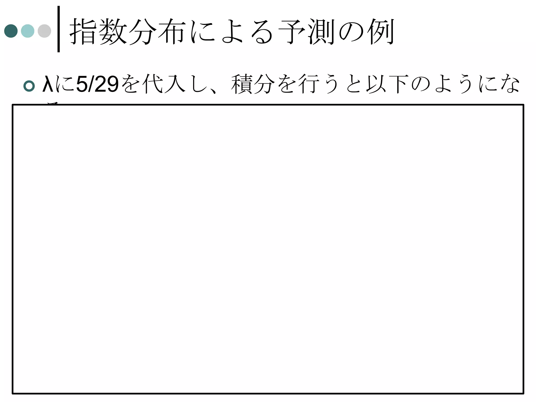 指数分布による予測の例


λに5/29を代入し、積分を行うと以下のようにな
る。


Px  10 |    p( x |  )dx
10



  e

 x

10



 e



dx   5 29e



5 29  x 
10

10

e

5 29  x

dx

50 29

 0.178
17

 
