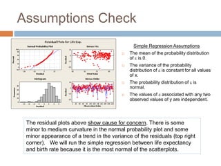 Assumptions Check
Simple Regression Assumptions
 The mean of the probability distribution
of e is 0.
 The variance of the probability
distribution of e is constant for all values
of x.
 The probability distribution of e is
normal.
 The values of e associated with any two
observed values of y are independent.
The residual plots above show cause for concern. There is some
minor to medium curvature in the normal probability plot and some
minor appearance of a trend in the variance of the residuals (top right
corner). We will run the simple regression between life expectancy
and birth rate because it is the most normal of the scatterplots.
 
