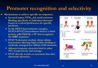 Promoter recognition and selectivity Mechanisms to achieve specific trx responses.   Inverted repeat TTN 5–6 AA motif common. Binding specificity to individual elements based on evolved preferences for specific positions.  In the ISGF3 heterotrimeric complex, STAT1–STAT2 heterodimers bind to a third protein, p48/ISGF3  , a TF that recognizes the ISRE sequence.  STAT N-domains mediate dimer–dimer interactions allowing high-avidity binding to tandemly arranged low-affinity GAS elements.  Adjacent response elements bind to other TFs. Cooperativity and synergy. STAT directly recruit co-activators that alter chromatin dynamics.  