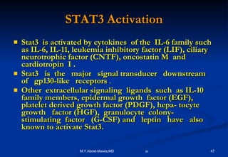 STAT3 Activation Stat3  is activated by cytokines  of the  IL-6 family such as IL-6, IL-11, leukemia inhibitory factor (LIF), ciliary neurotrophic factor (CNTF), oncostatin M  and  cardiotropin  I . Stat3  is  the  major  signal transducer  downstream  of  gp130-like  receptors  . Other  extracellular signaling  ligands  such  as IL-10 family members, epidermal growth  factor (EGF), platelet derived growth factor (PDGF), hepa- tocyte growth  factor (HGF),  granulocyte  colony- stimulating  factor  (G-CSF) and  leptin  have  also known to activate Stat3.  
