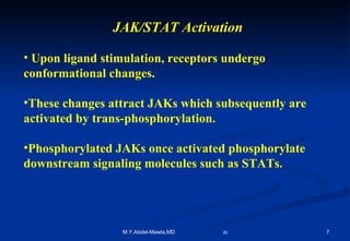 JAK/STAT Activation Upon ligand stimulation, receptors undergo conformational changes. These changes attract JAKs which subsequently are activated by trans-phosphorylation.  Phosphorylated JAKs once activated phosphorylate downstream signaling molecules such as STATs.  