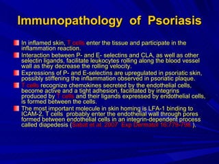Immunopathology  of  Psoriasis In inflamed skin,  T cells  enter the tissue and participate in the inflammation reaction.  Interaction between P- and E- selectins and CLA, as well as other selectin ligands, facilitate leukocytes rolling along the blood vessel wall as they decrease the rolling velocity.  Expressions of P- and E-selectins are upregulated in psoriatic skin, possibly stiffening the inflammation observed in psoriatic plaque.  T cells  recognize chemokines secreted by the endothelial cells, become active and a tight adhesion, facilitated by integrins produced by  T cells  and their ligands expressed by endothelial cells, is formed between the cells.  The most important molecule in skin homing is LFA-1 binding to ICAM-2. T cells  probably enter the endothelial wall through pores formed between endothelial cells in an integrin-dependent process called diapedesis   ( Sabat et al. 2007  Exp Dermatol 16:779-798. ).   